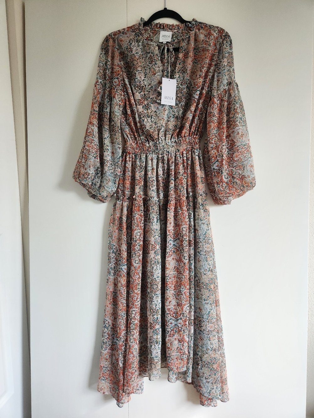 MISA Los Angeles Boho Maxi Dress Long Sleeve Smocked Waist NWT XS